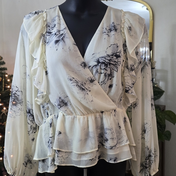 Express Tops - Express Floral Ruffle Blouse in Cream and Black